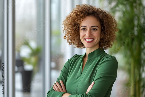 Confident businesswoman with curly hair, smiling warmly, arms crossed in a modern office, wearing a green blouse, feeling at ease and joyful. photo