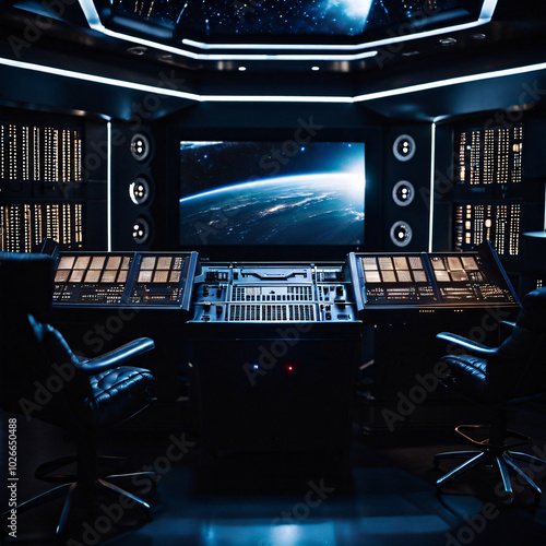 Futuristic Spacecraft Control Room with Earth View