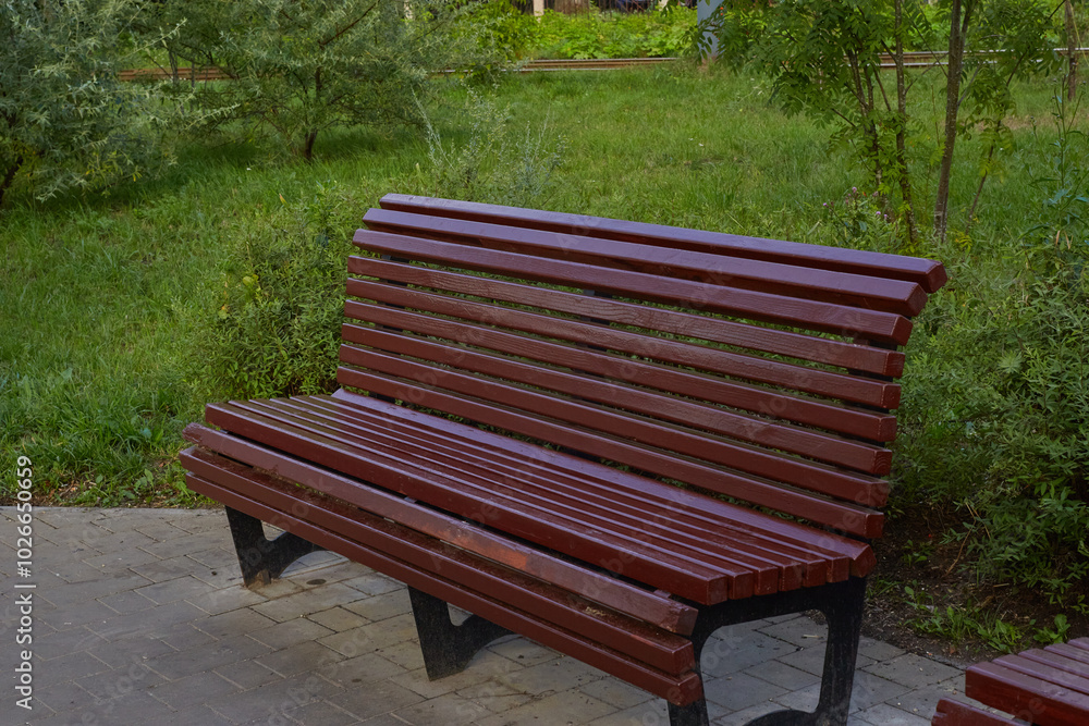 A brown wooden bench in the city park. A brown wooden bench in the city park.