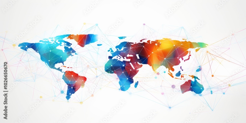 Fototapeta premium White global communication banner featuring a colorful network design, symbolizing connectivity and interaction across diverse platforms. 