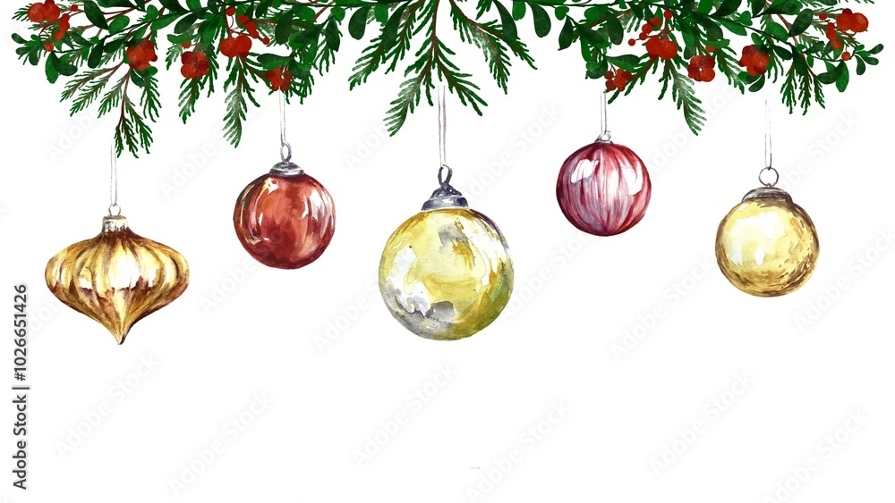 Watercolor fir tree, Christmas and New Year background banner, hand painted floral design, green leaves, red rowan berries, glass Christmas balls, mistletoe, ecology design, botanical illustration Watercolor fir tree, Christmas and New Year background banner, hand painted floral design, green leaves, red rowan berries, glass Christmas balls, mistletoe, ecology design, botanical illustration