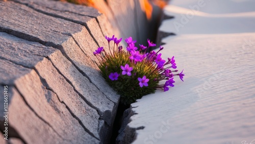 Purple flowers growing from a crack in the rock. photo