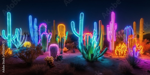 Vibrant neon cacti illuminated at night in a desert landscape showcasing unique plant forms