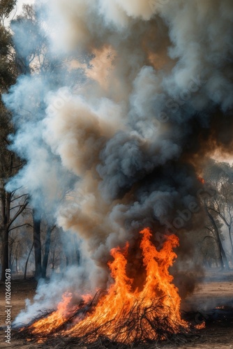 Intense Forest Fire with Flames and Smoke. photo