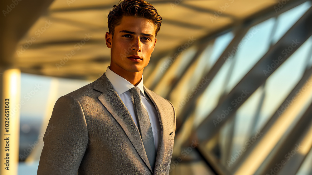 Fashion model in tailored suit with clean, bright lighting Fashion model in tailored suit with clean, bright lighting