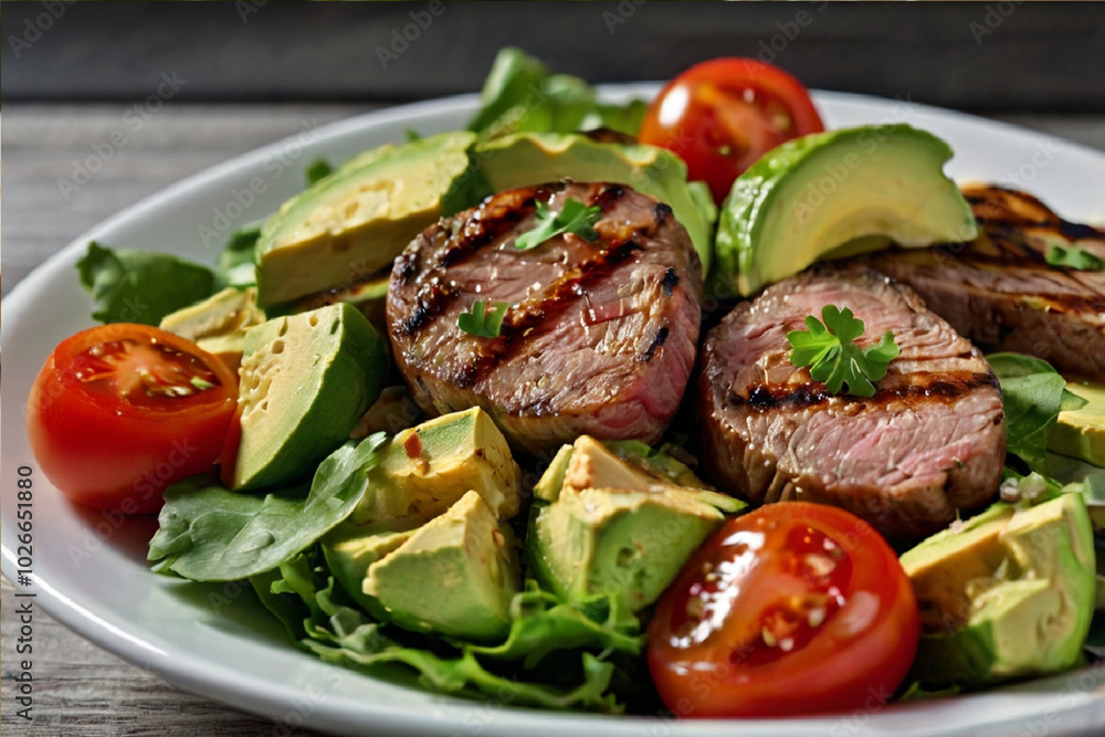 fresh vegetable salad with grilled meat and avocado, restaurant food fresh vegetable salad with grilled meat and avocado, restaurant food