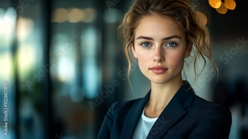 Stylish model in suit with clean, professional office lighting