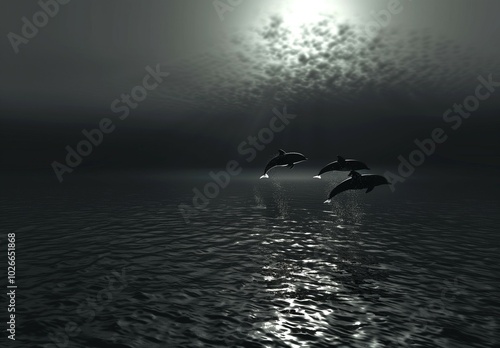 Two dolphins jumping out of the water, illuminated by moonlight. Black and white photo, dreamy atmosphere,