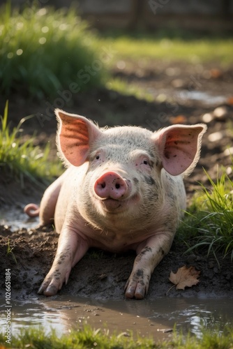 Relaxed Pig Enjoys Muddy Farm Environment.