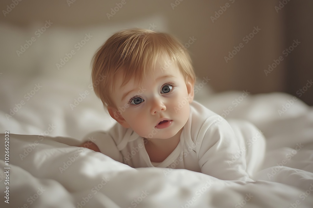 Cute baby boy in white bodysuit, gazing at camera, cozy on bed, detailed close-up, blurred background, stock photo style, ample copy space, soft lighting, full resolution, natural moment Cute baby boy in white bodysuit, gazing at camera, cozy on bed, detailed close-up, blurred background, stock photo style, ample copy space, soft lighting, full resolution, natural moment