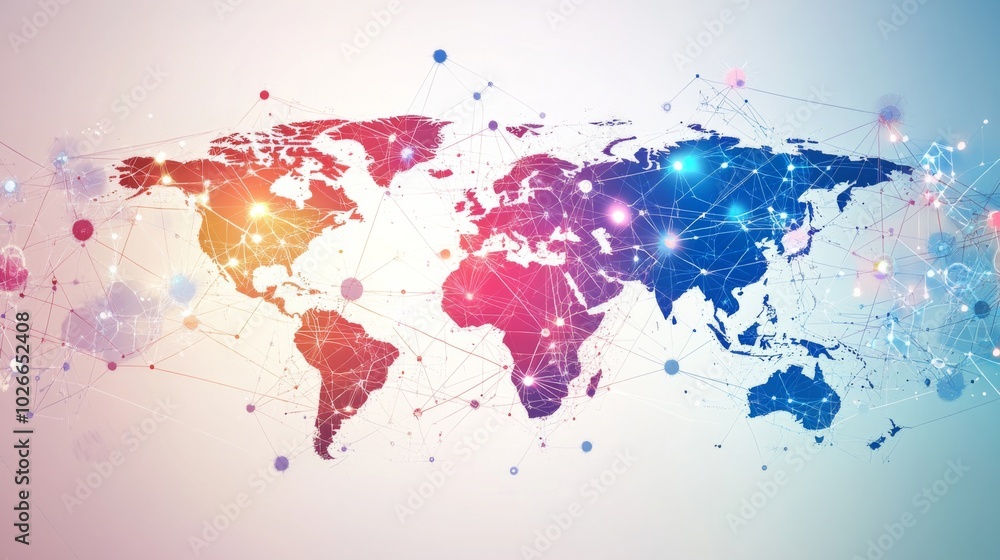 Fototapeta premium White global communication banner featuring a colorful network design, symbolizing connectivity and interaction across diverse platforms. 