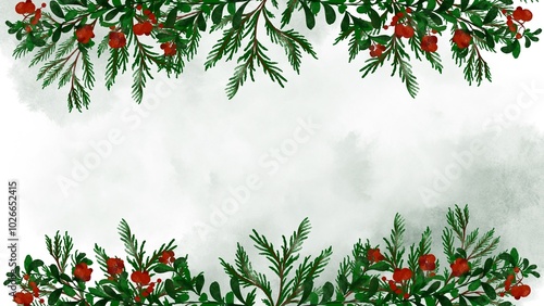 Wallpaper Mural Watercolor fir tree, Christmas and New Year background, hand painted floral design, green leaves, red rowan berries, mistletoe, ecology design, animation, botanical illustration Torontodigital.ca
