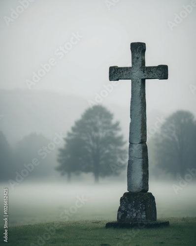 Misty Landscape with Weathered Cross in the Foreground. photo