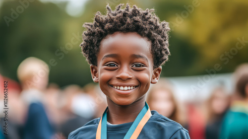 Young Boy Winning Medal at Sports Day