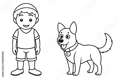 Coloring book page for children, Cartoon boy character with his dog coloring page vector illustration photo