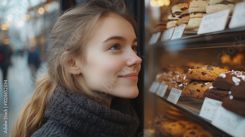 Woman peering into the showcase of cookie for the dinner snack. photo