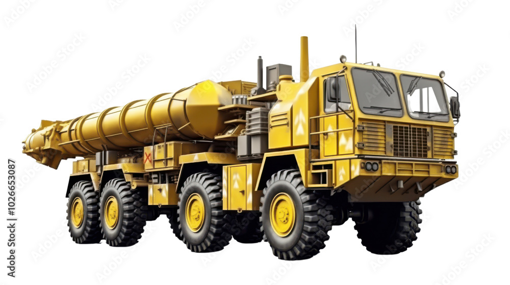 A large yellow truck with a long barrel on the back A large yellow truck with a long barrel on the back
