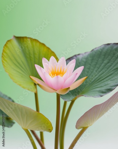 Pink Water Lily with Green Leaves on Green Background. photo