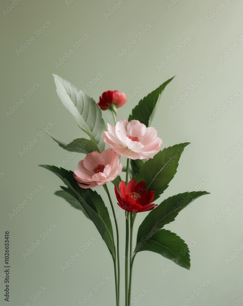 Fototapeta premium Pink and Red Flowers and Green Leaves on a Green Background.