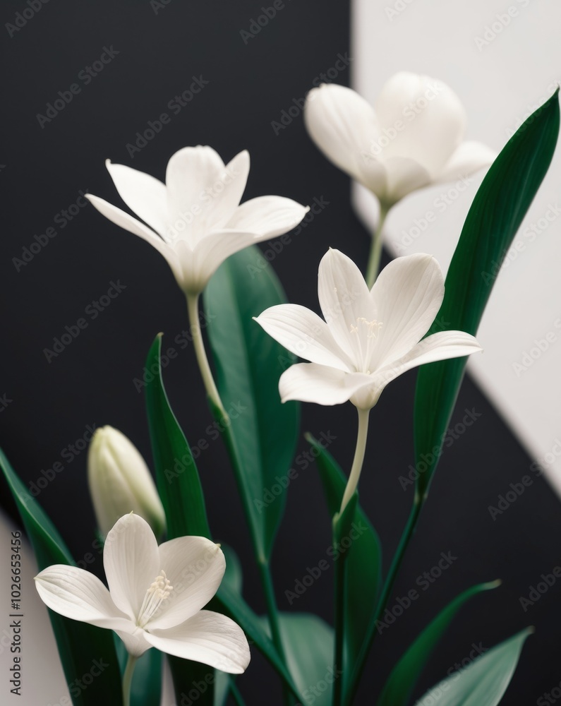 Fototapeta premium White Flowers with Green Leaves on Black Background.