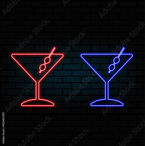 Empty martini glass on a pink and blue neon background. Alcohol drink, cocktail party concept. Transparent silhouette, illuminated effect. Night bar.