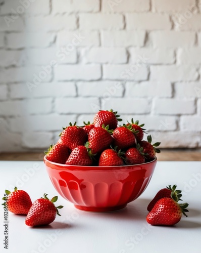 Juicy Fresh Strawberries In A Red Bowl On A White Brick Background Vitamin Food Copy Space.