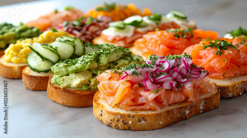 Various foods placed on bread on a table.