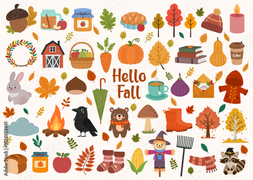 Set of colorful autumn , fall vector illustrations including pumpkin, socks, trees, animals, leaves and many more …