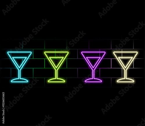 Retro neon wine glass sign on brick wall background. Neon design cocktail party banner for sign, label, banner, advertising. Vector illustration. Neon design for fiesta or restaurant