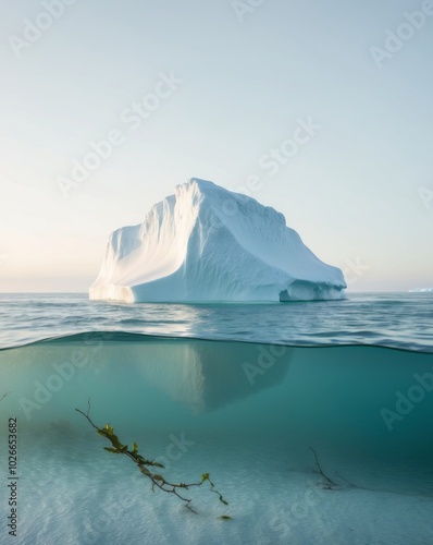 Majestic Iceberg Beneath the Ocean Surface at Sunrise. photo