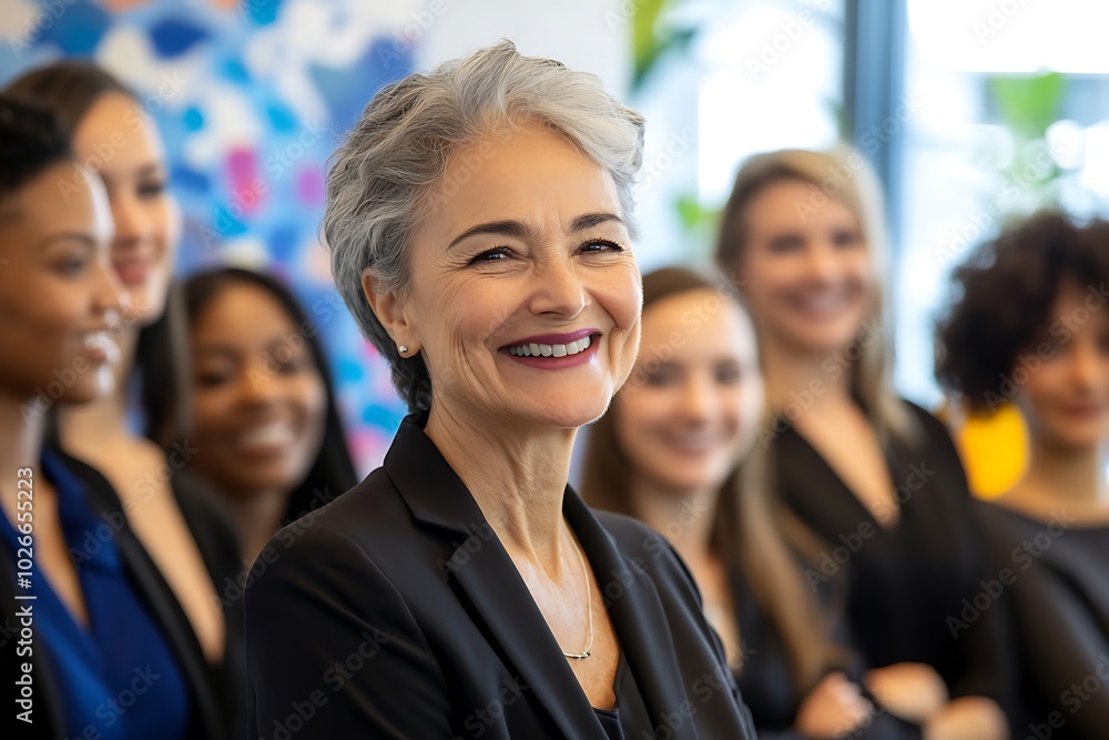 Obraz premium Diverse business women in an office, centered around an older woman with gray hair in a suit, all smiling confidently, modern and professional environment.