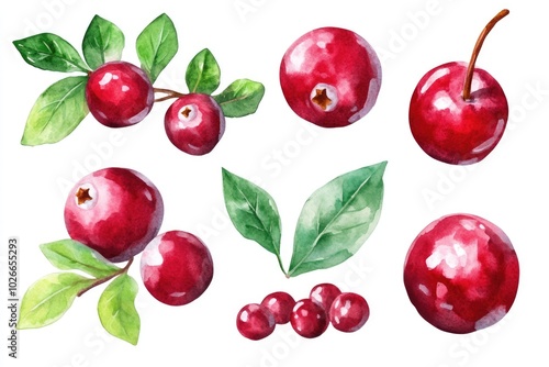 Wallpaper Mural Hand Drawn Watercolor Cranberry Set with Fresh Leaves on White Background Torontodigital.ca
