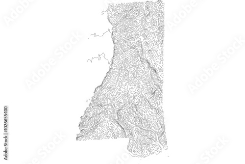 Mississippi 1-bit contour map topography. Detailed elevation terrain lines minimalist black white vector graphic style. Scalable SVG for cartography, GIS visualization, graphic design