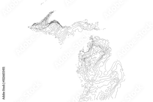 Michigan 1-bit contour map topography. Detailed elevation terrain lines minimalist black white vector graphic style. Scalable SVG file for cartography, GIS visualization, graphic design