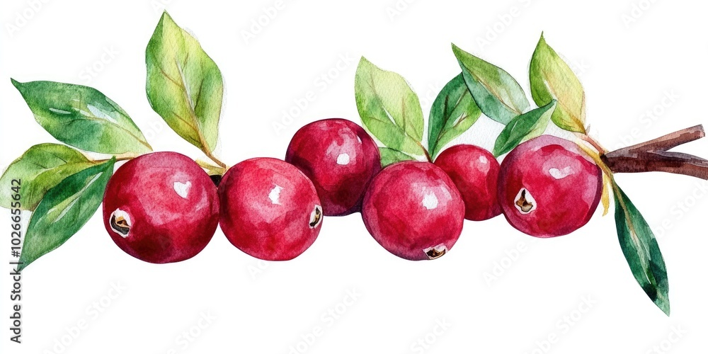 Vibrant Cranberry Delight. Watercolor Illustration of Fresh Red Berries and Green Leaves on White Background Vibrant Cranberry Delight. Watercolor Illustration of Fresh Red Berries and Green Leaves on White Background