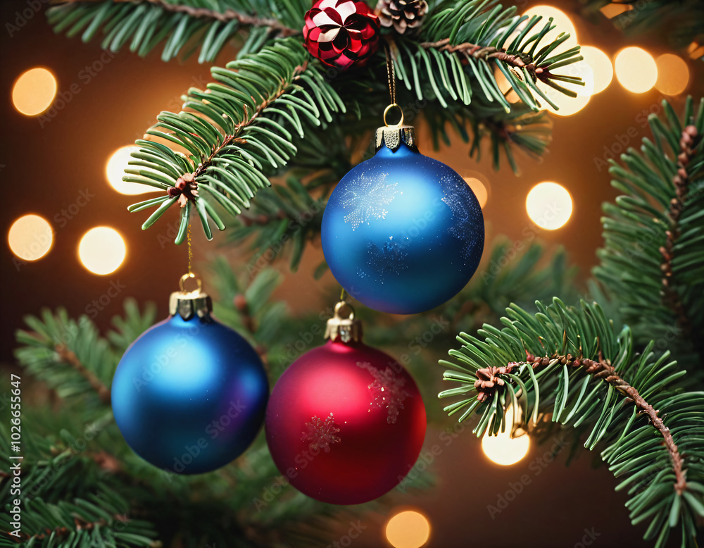 .Spruce branch with Christmas balls on it.