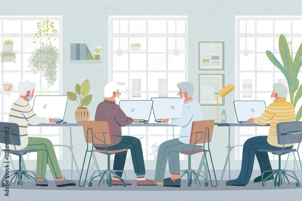 A group of elderly individuals focuses on their computer tasks, enhancing their digital literacy in a collaborative learning environment. Generative AI A group of elderly individuals focuses on their computer tasks, enhancing their digital literacy in a collaborative learning environment. Generative AI