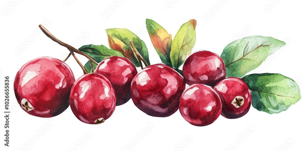 Watercolor Cranberry Illustration. Heap of Fresh Ripe Berries and Leaves isolated on White Background Watercolor Cranberry Illustration. Heap of Fresh Ripe Berries and Leaves isolated on White Background