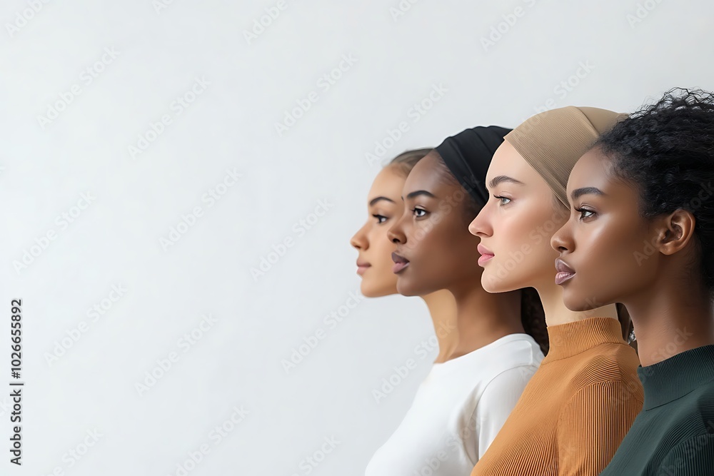 Diverse women in side profile, showcasing different skin colors, positioned against a white background. Diverse women in side profile, showcasing different skin colors, positioned against a white background.