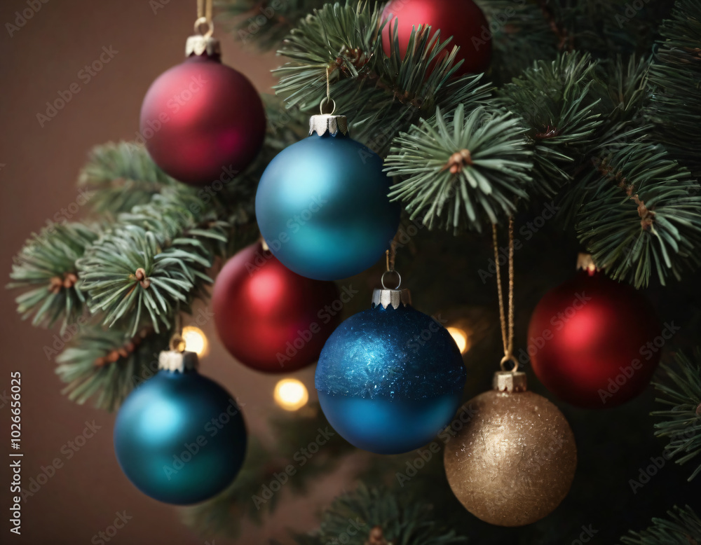 .Spruce branch with Christmas balls on it. .Spruce branch with Christmas balls on it.