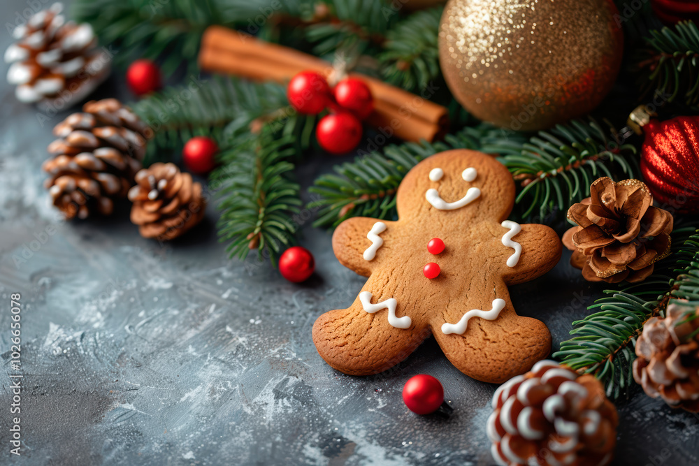 gingerbread man and christmas decor on background with copy space gingerbread man and christmas decor on background with copy space