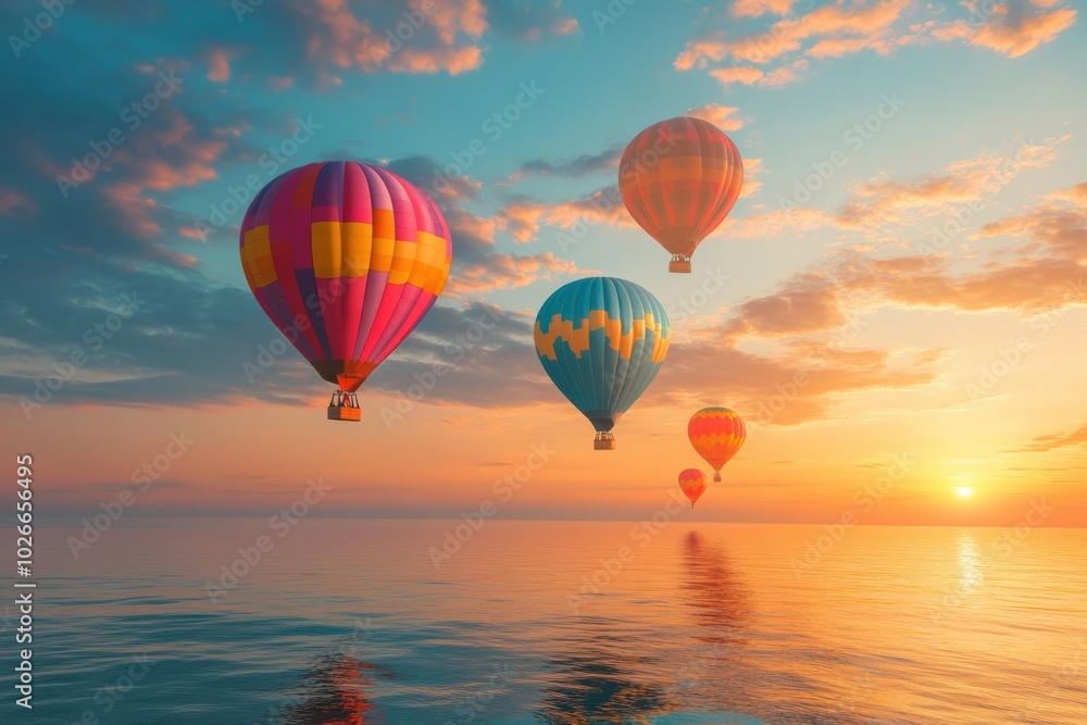 Fototapeta premium Colorful hot air balloons float gracefully above a serene sea as the sun sets, creating a magical and tranquil atmosphere. Generative AI