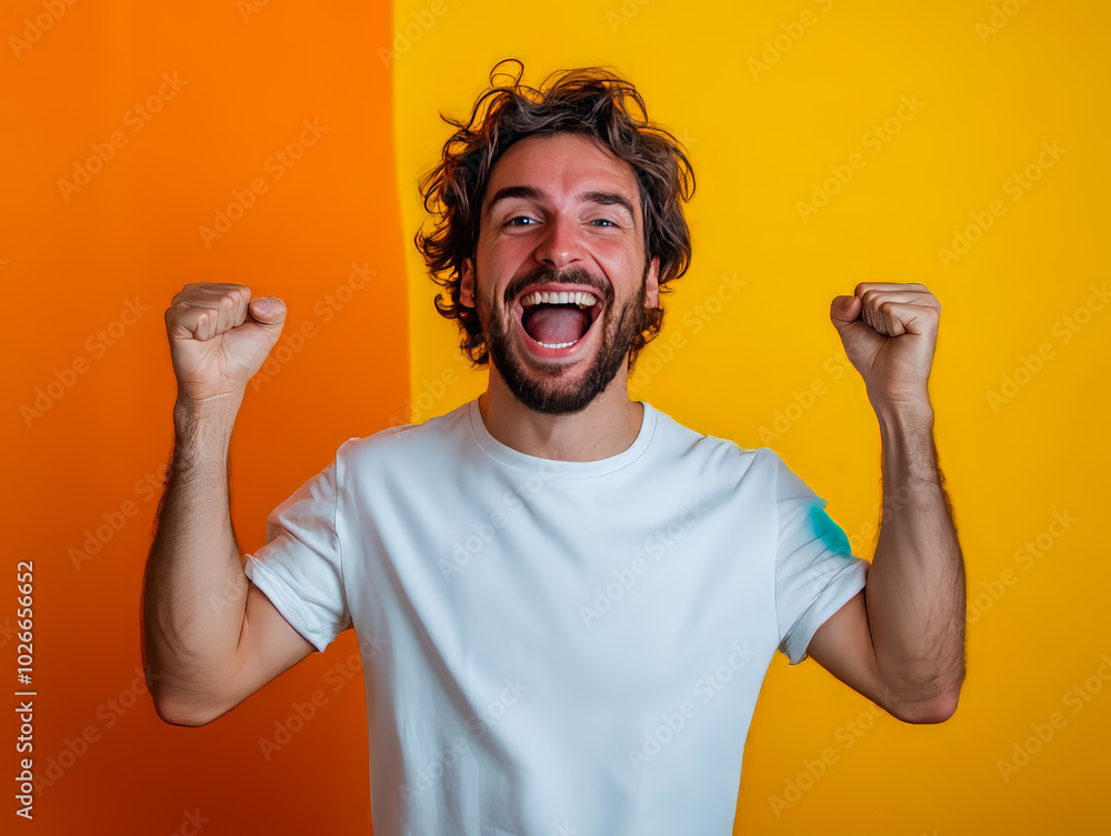 Fototapeta premium Groomed Bearded Man Posing Against Yellow Background