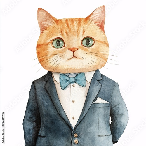 Whimsical Cat in Suit Watercolor Style Illustration on White Background photo