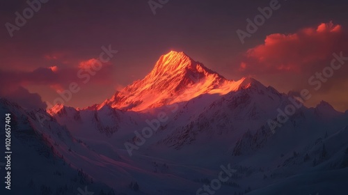 A majestic snow-capped mountain peak bathed in the warm glow of a fiery sunset.