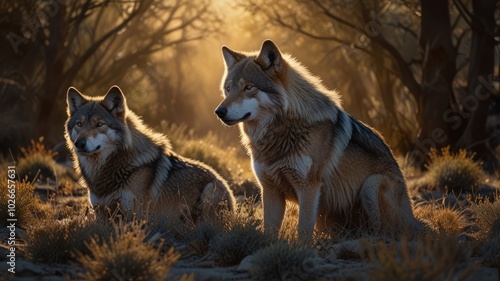 Two wolves sit in a forest setting, bathed in the golden light of the setting sun. Their fur is a rich brown and gray, and their eyes are sharp and alert. 