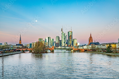 scenic skyline of Frankfurt am Main with reflection in the river, Germany