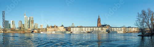 scenic skyline of Frankfurt am Main with reflection in the river, Germany