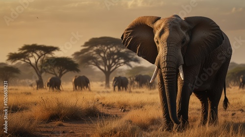 A large African elephant stands in the middle of a savanna, looking directly at the camera. Other elephants are visible in the background. The sky is a golden orange, and the sun is setting. photo