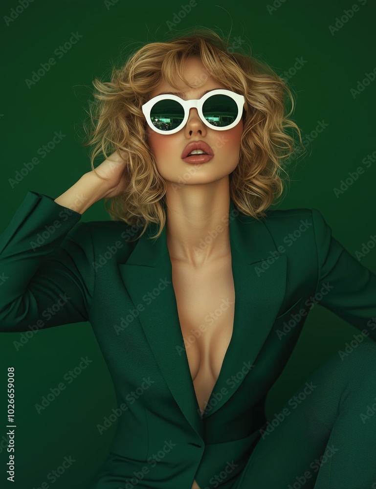 Title: Stylish Woman in Green Suit with White Sunglasses on Green Background
Title: Stylish Woman in Green Suit with White Sunglasses on Green Background